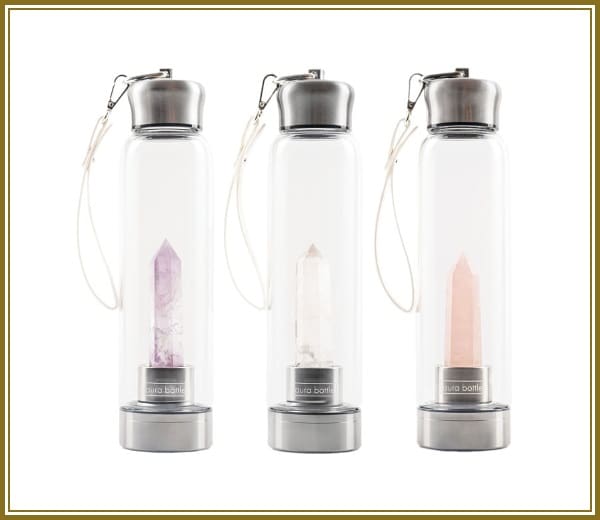 Crystal infused water bottle（500ml）左からアメジスト、クリア･クォーツ、ローズ･クォーツ各$97