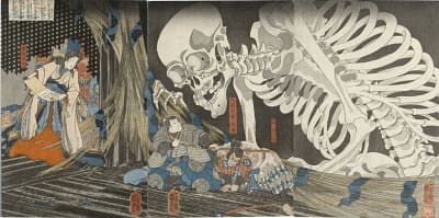 Utagawa Kuniyoshi 'Mitsukuni defies the skeleton spectre conjured up by Princess Takiyasha' 1845–46, woodblock print; ink and colour on paper, triptych 36.9 x 74.2cm, British Museum, donated by American Friends of the British Museum from the collection of Prof Arthur R Miller 2008.3037.20106 / Photo: © The Trustees of the British Museum