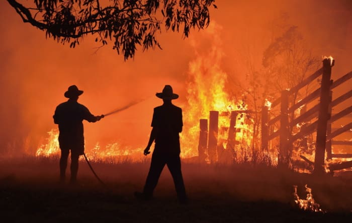 森林火災から所有地を守ろうとする住民＝2019年11月12日、シドニーから北へ350キロ離れた町タリー近くのヒルズビルで（PETER PARKS / AFP）