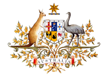 オーストラリアの連邦紋章（Commonwealth Coat of Arms）。6つの州、そして国としての団結を示し、連邦の権限と財産を明らかにしている。カンガルーとエミューが盾を支え、連邦の星がその上に乗っている