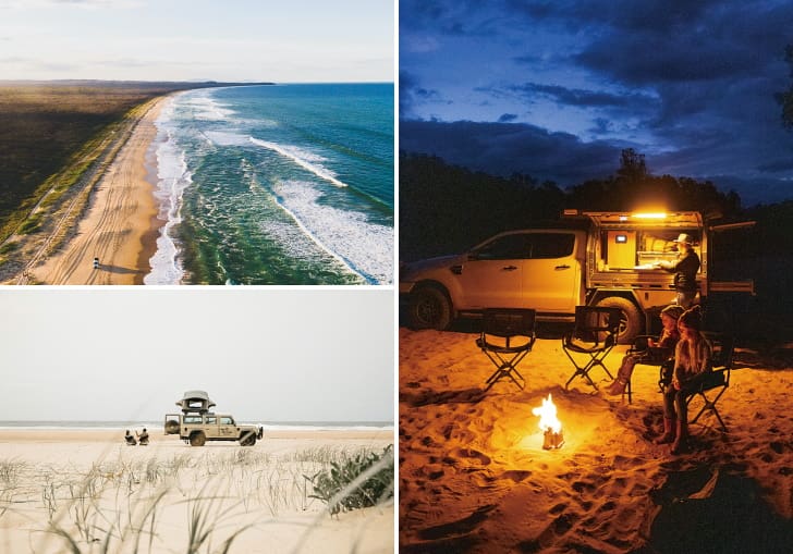 （左上）NSW州北東部の小さな海岸町、フォースター（Forster）の北に広がるナイン･マイル･ビーチ（Nine Mile Beach） （右）NSW州北東部クレセント･ヘッドのビーチでキャンプ。信頼できる4輪駆動車があれば砂浜も自在に走破できるだろう　（左下）大自然の中でのキャンプ生活はオーストラリアのロードトリップの真骨頂（Photos: Destination NSW）
